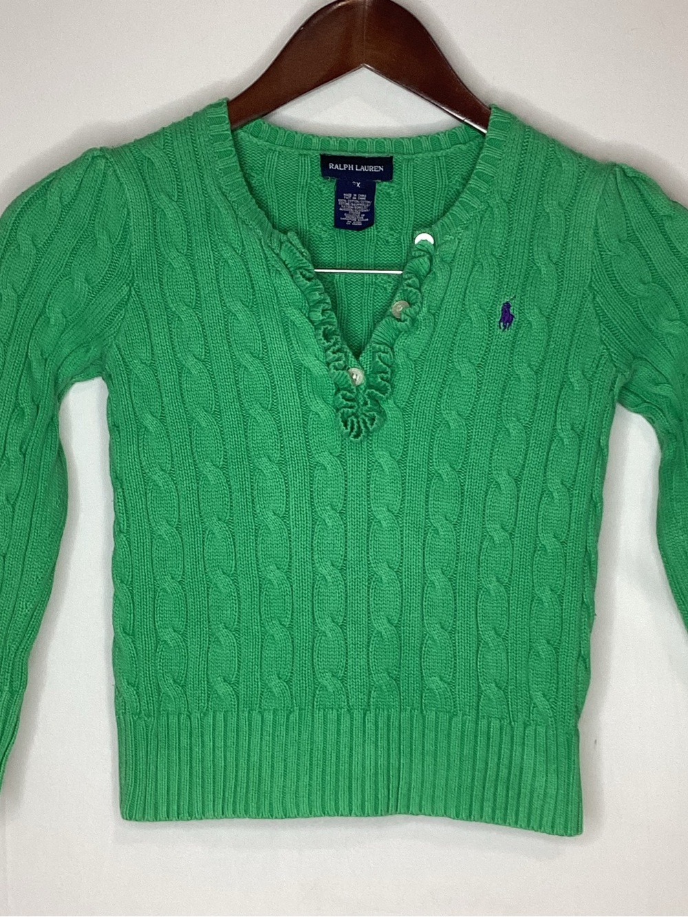 Ralph Lauren Bright Green Cable-Knit V-Neck Sweater
